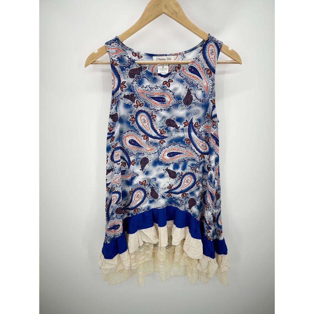 Paisley Vine Blue Pattern Lace Ruffled‎ Sleeveless Tunic Womens Size S Small